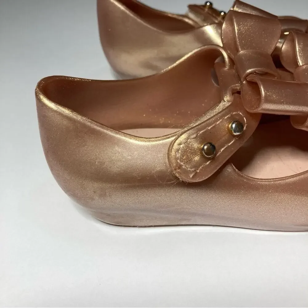 Mini Melissa Ultragirl Triple Bow Rose Gold Glitter Sparkly Dress Flats Shoes